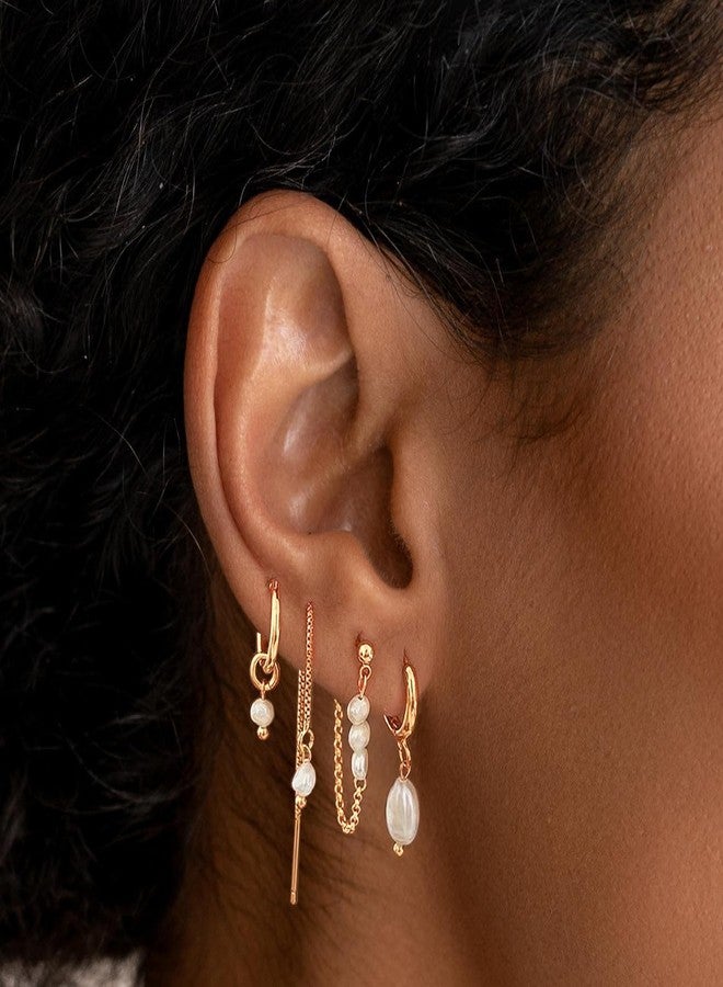 Moodear Pearl Dangle Earrings for Women - Dainty 14k Gold Plated Small Drop Hoop Chain Earring Stacks Hypoallergenic Trendy Cartilage Earring No Tarnish Jewelry - Image 2
